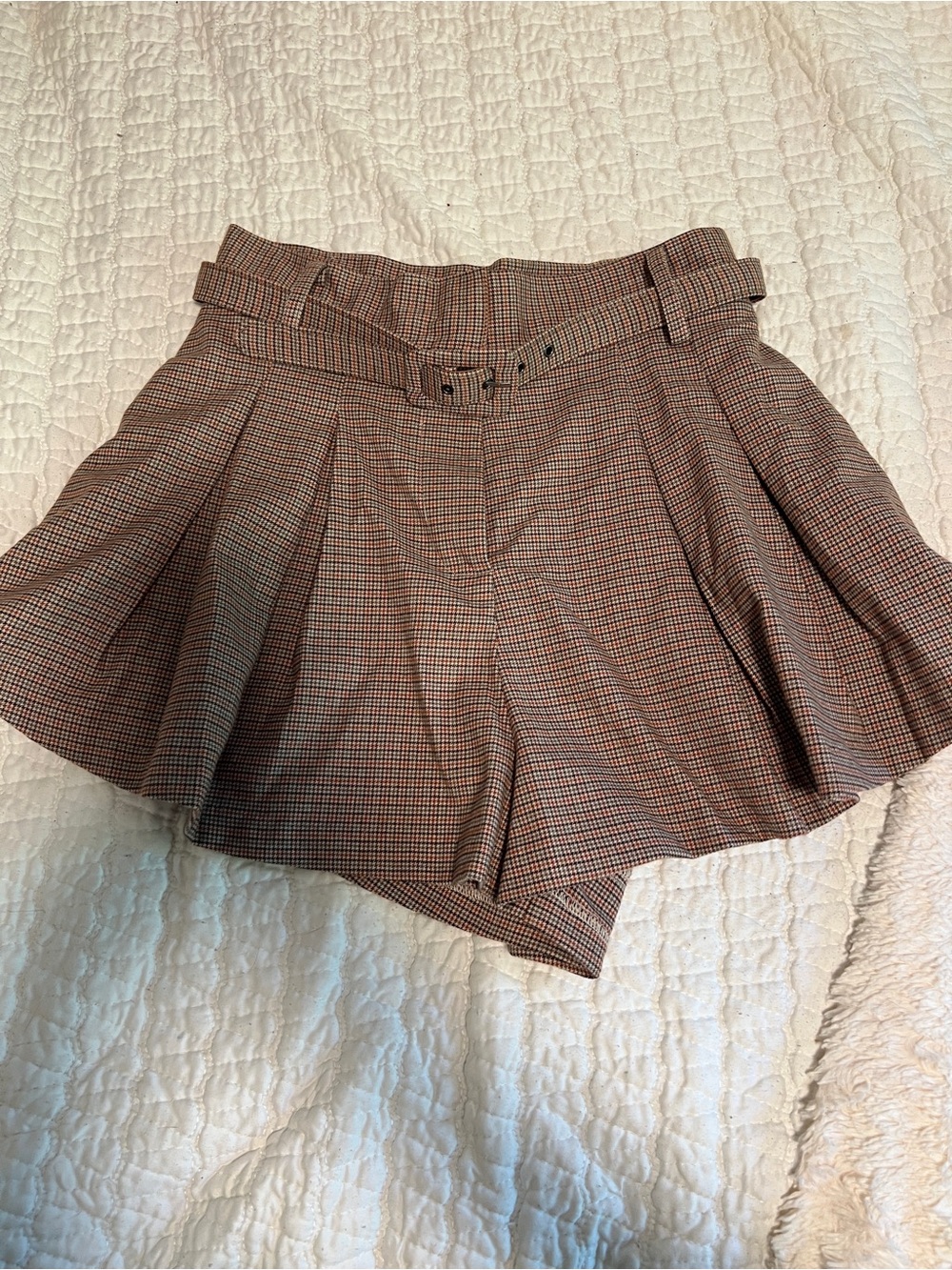 Free People Brown Houndstooth Pleated High-Waist Skort with Belt
